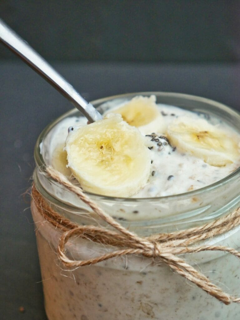 banana overnight oats with spoon