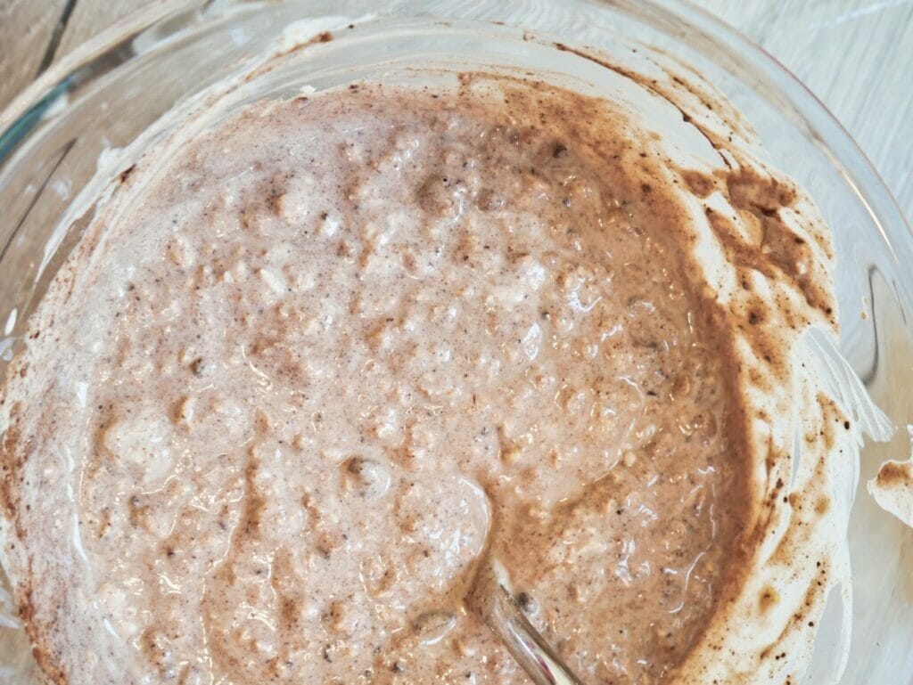 cocoa overnight oats before refrigerating in bowl