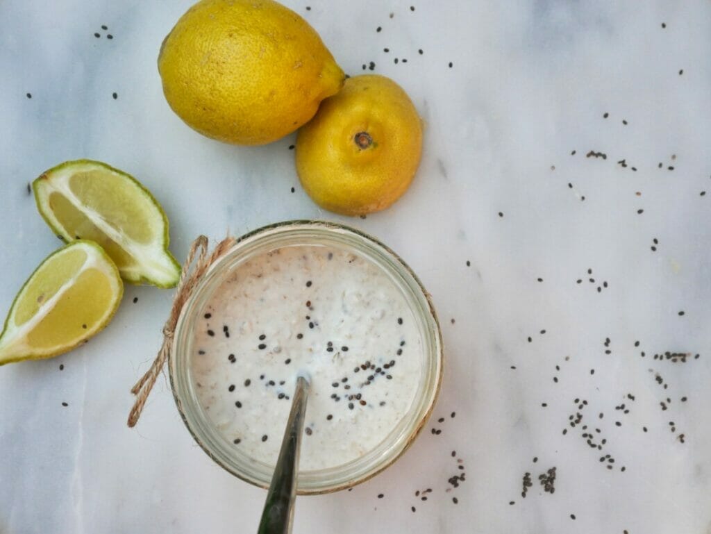 lemon overnight oats with lemons in background