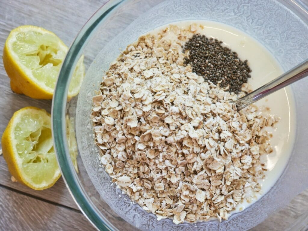oatmeal chia seeds and yogurt in a bowl