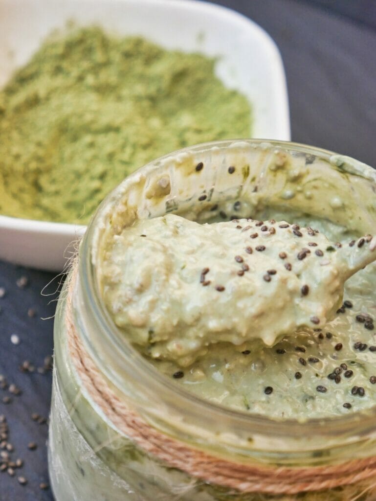 matcha overnight oats with matcha and spoon