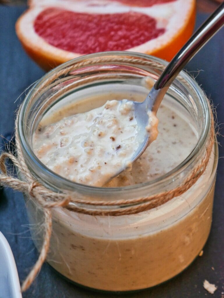 spoon and overnight oats with grapefruit