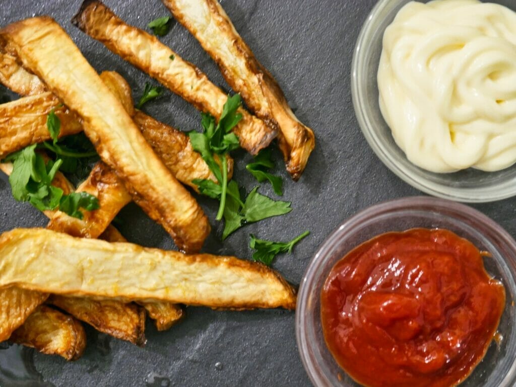 rutabega fries with mayo and ketchup