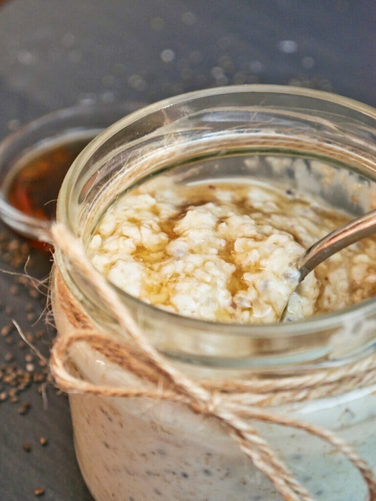 vanilla overnight oats with a spoon