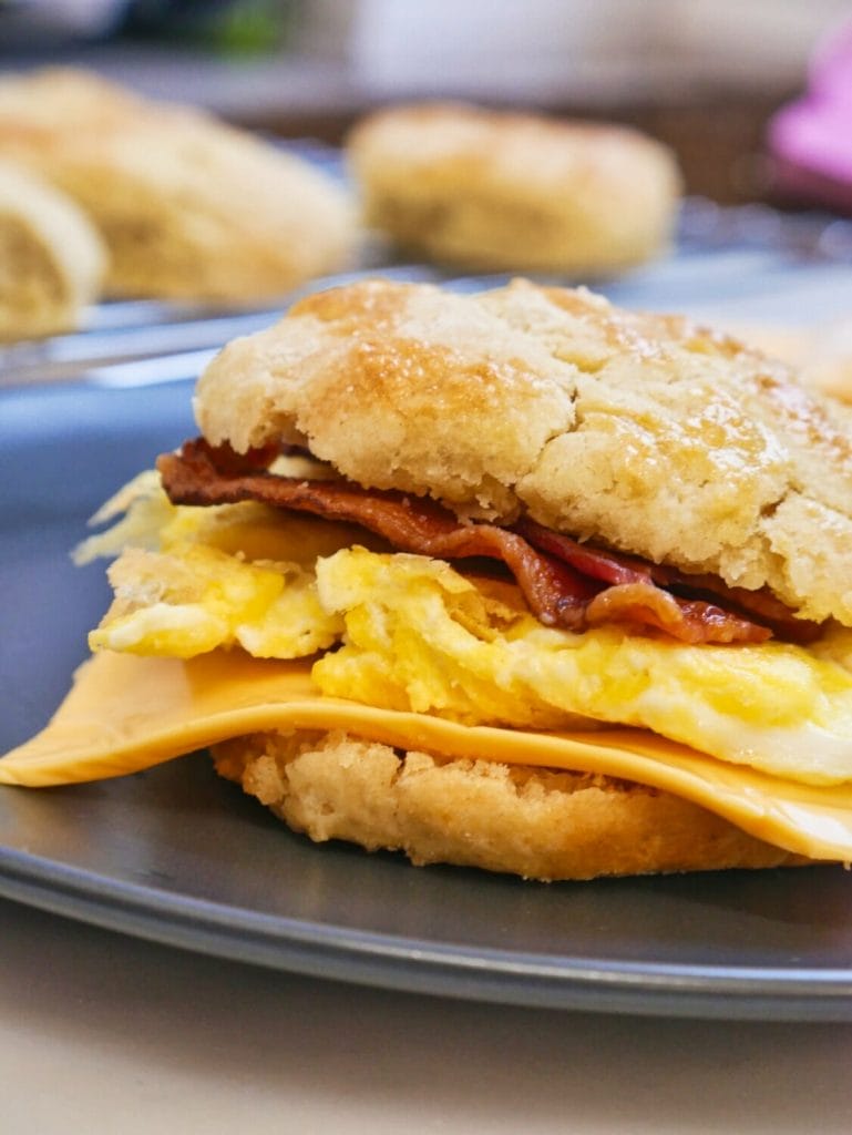 bacon egg and cheese biscuit on plate
