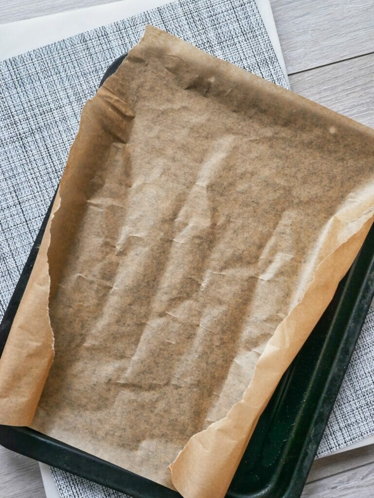 tray with parchment paper on it