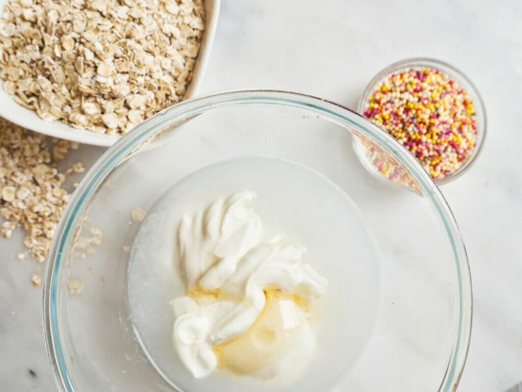 water and greek yogurt in a bowl