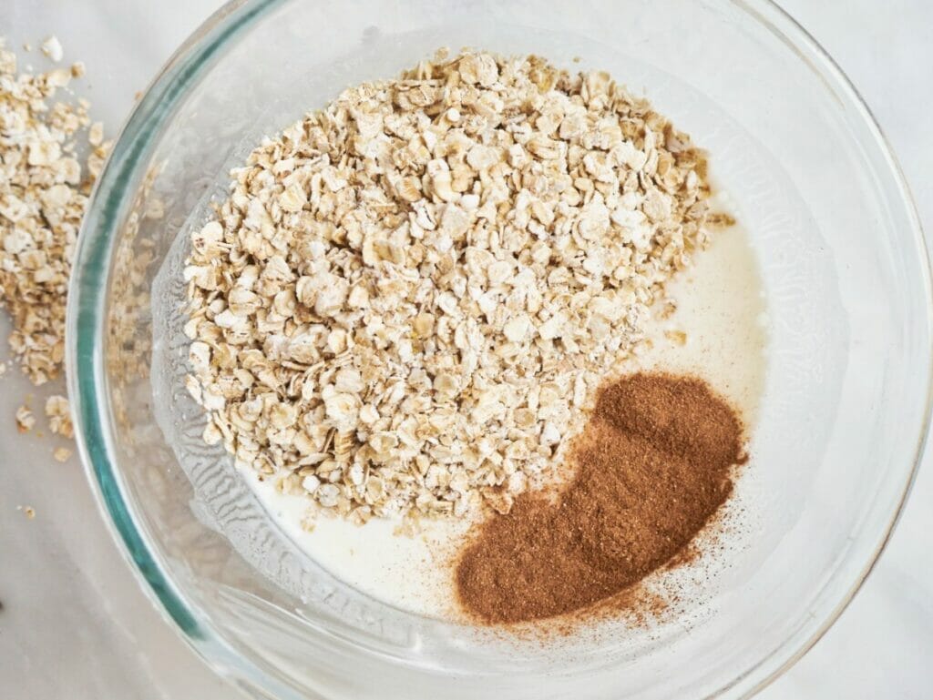 cinnamon and oats on top of yogurt in a bowl