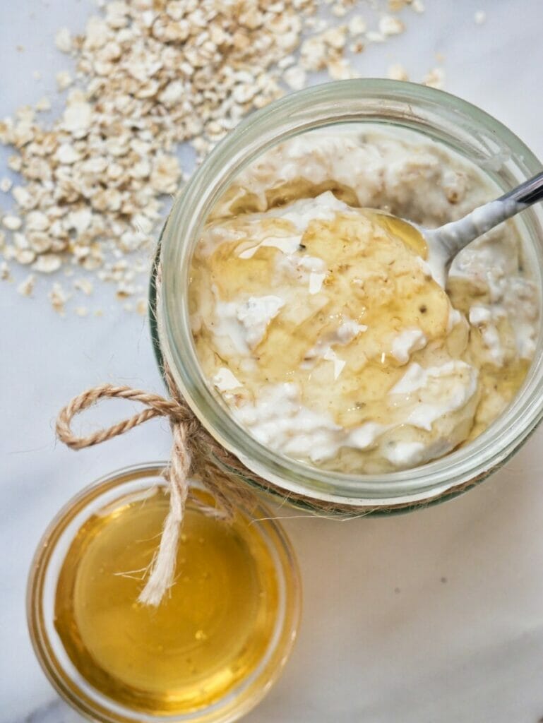 honey overnight oats and jar of honey