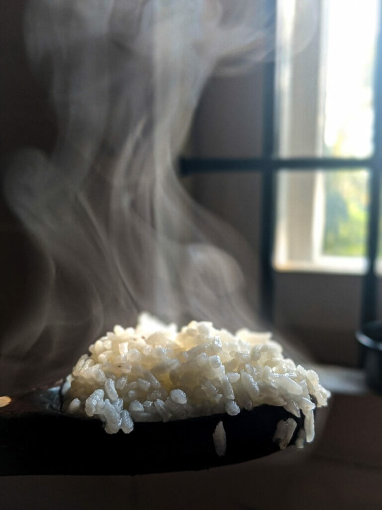 Steaming hot sticky rice on a spoon