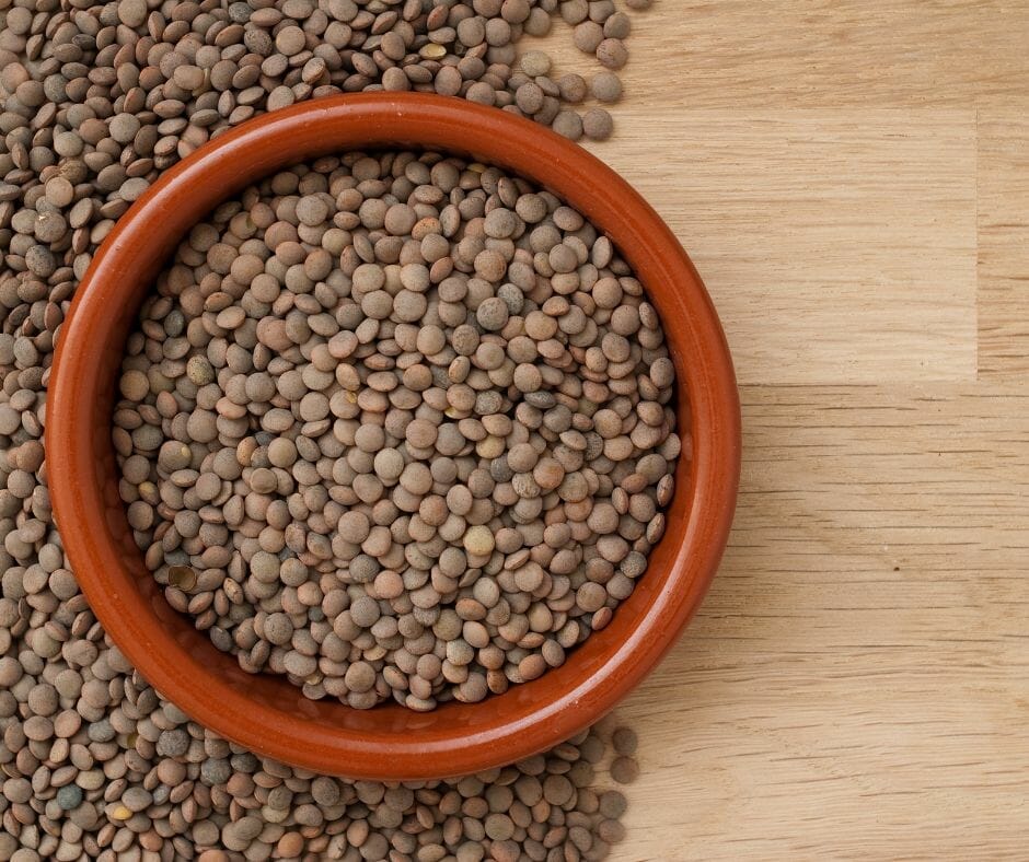 Brown lentils in a red bowl 