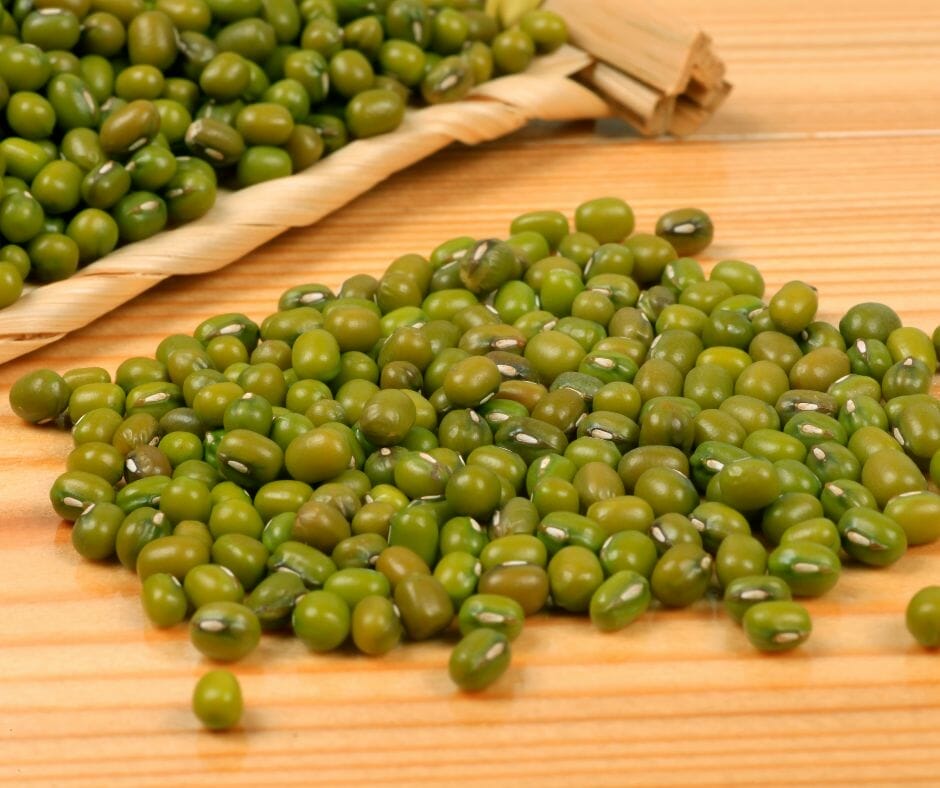 Mung beans on a wooden table 