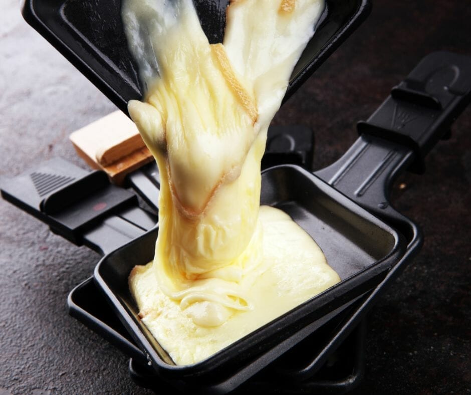 Melted Raclette cheese in a pan