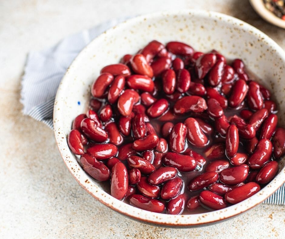 Red kidney beans in a speckled bowl 