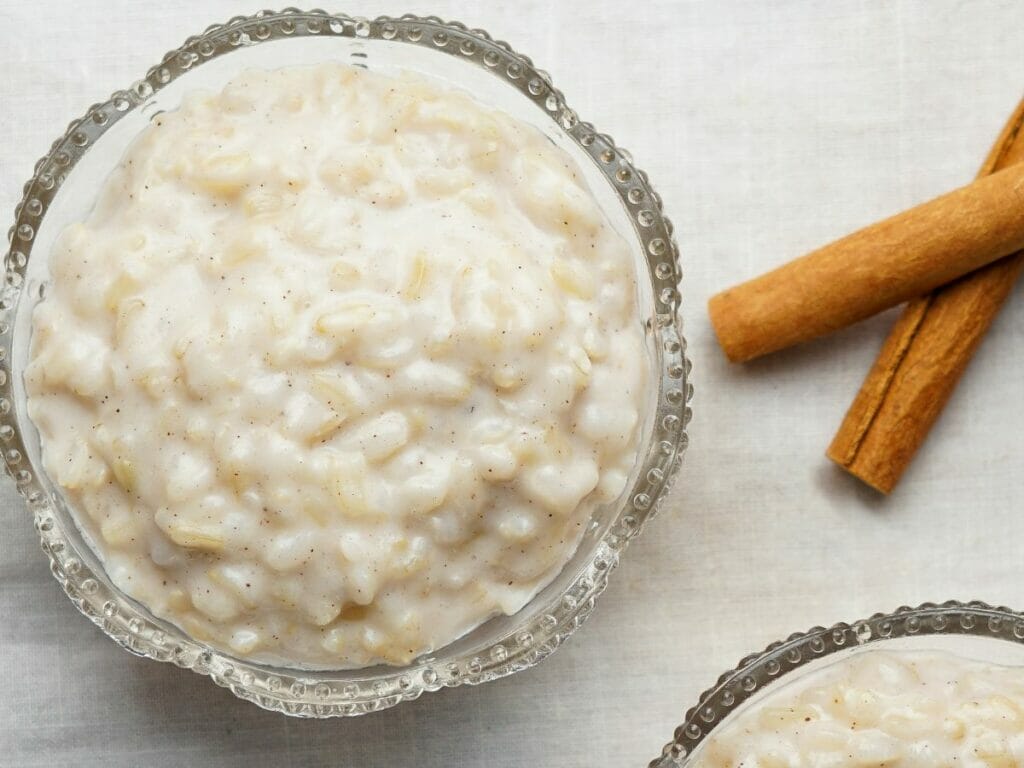 Rice pudding in a glass dish