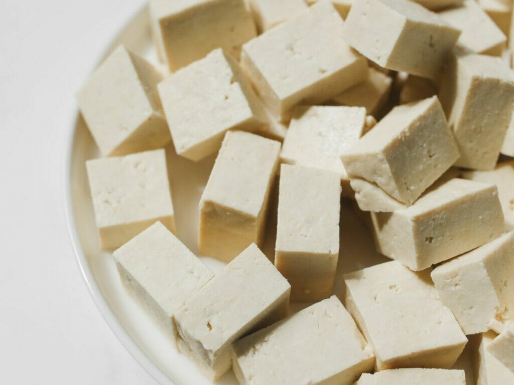 Chopped tofu in a dish 