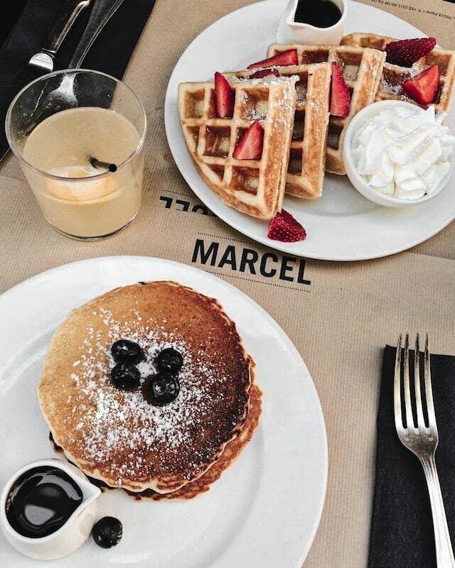 Pancakes and waffles plated 